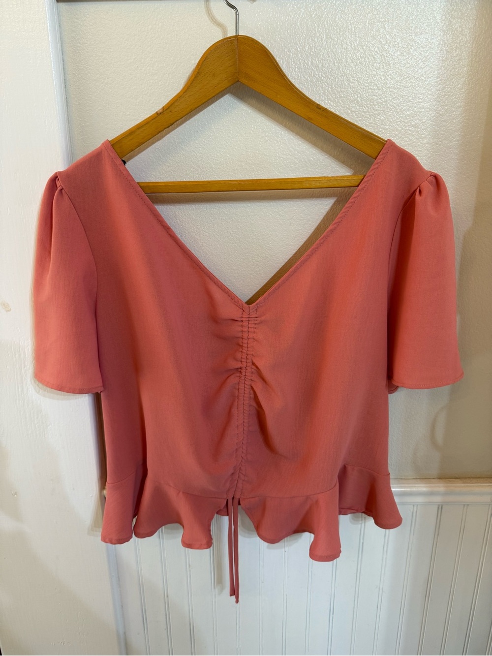 Forever 21 Coral Ruched V-Neck Peplum Blouse